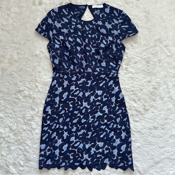 Sandro Dress Leo Mini Embroidered Lace Jacquard Cap Sleeve Navy Blue 4 - Picture 1 of 12